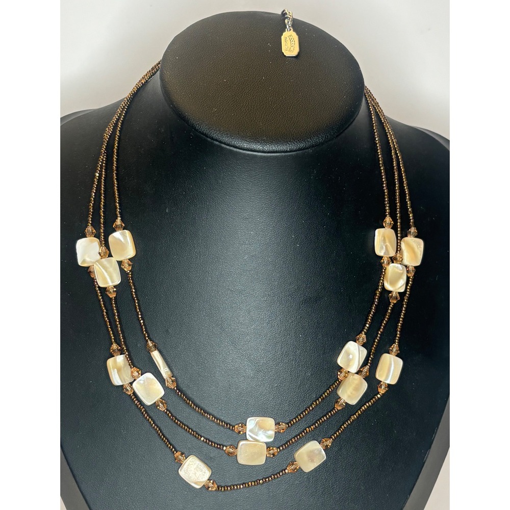 Essence Multi Strand Necklace Mother of Pearl Bronze Seed Bead Crystal USA 18in